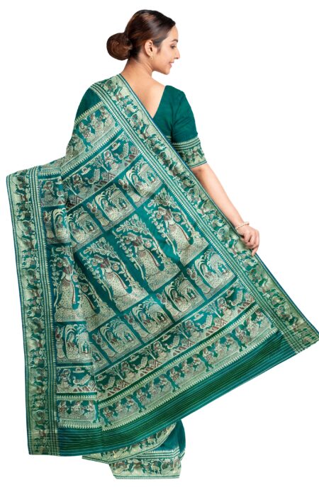 Baluchari Silk Saree - Teal Green - Image 2