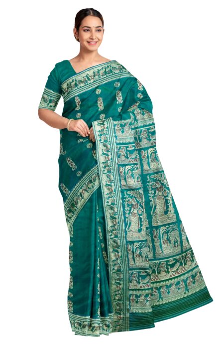 Baluchari Silk Saree - Teal Green - Image 3
