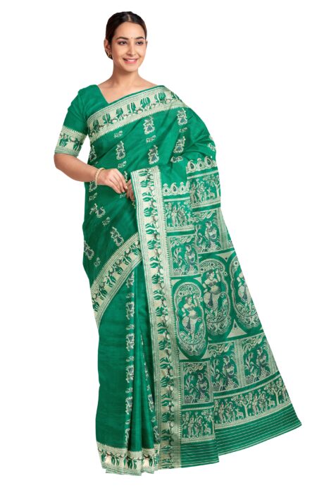 Baluchari Silk Saree - Emerald Green - Image 3