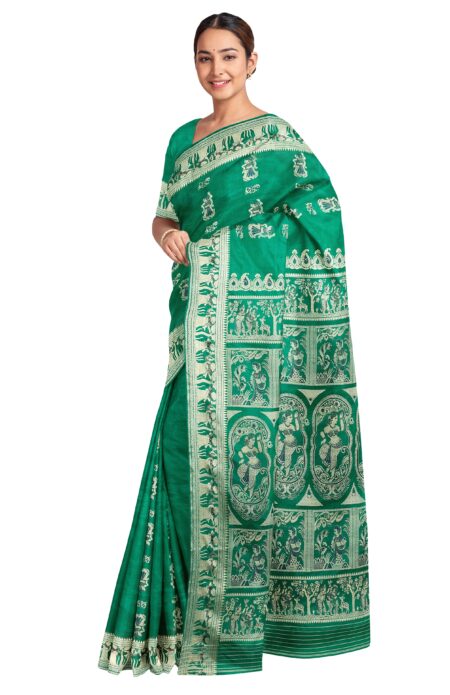 Baluchari Silk Saree - Emerald Green - Image 2
