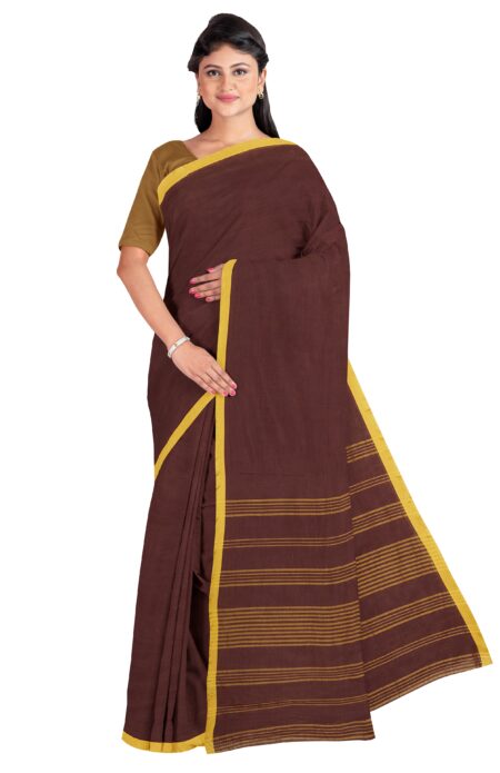 Santipuri Chocolate Cotton Saree with Yellow Border