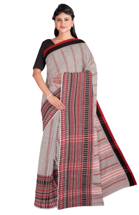 Gray Handwoven Dhaniakhali Cotton Saree & Red Border with blouse