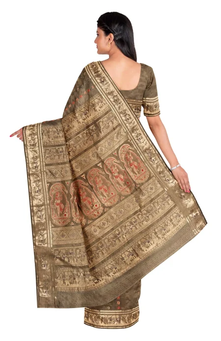 Baluchari Silk Saree - Olive - Image 2