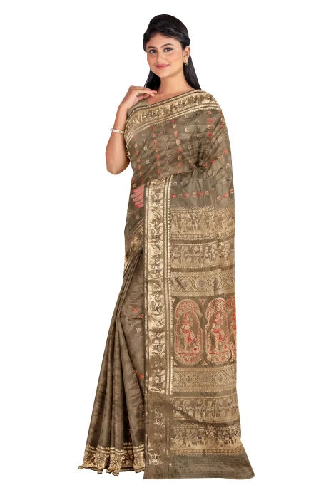 Baluchari Silk Saree - Olive - Image 3