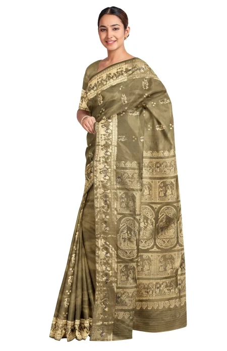 Baluchari Silk Saree - Moss Green - Image 3