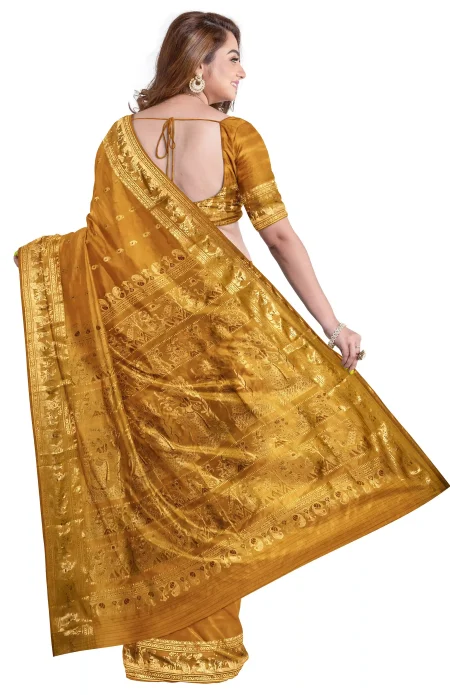Baluchari Silk Saree - Yellow - Image 4