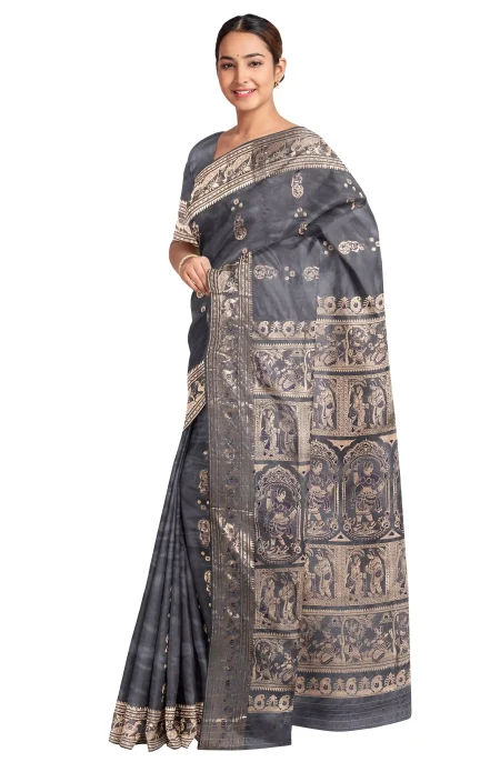 Baluchari Silk Saree - Light Grey - Image 4
