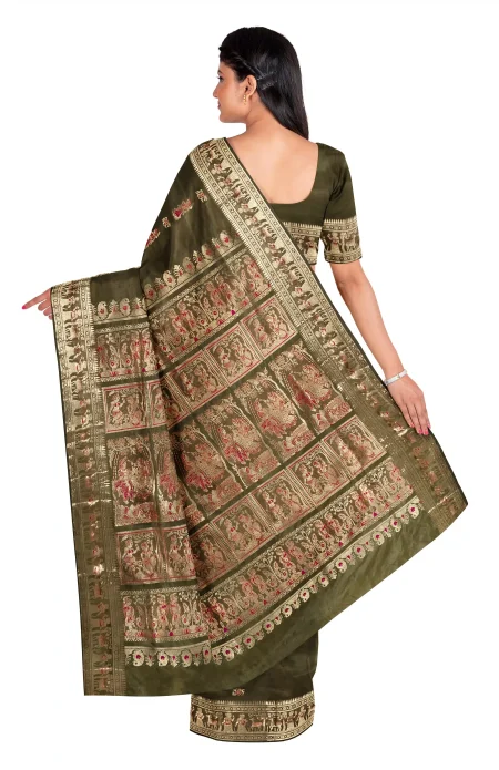 Baluchari Silk Saree - Mocha Green - Image 3