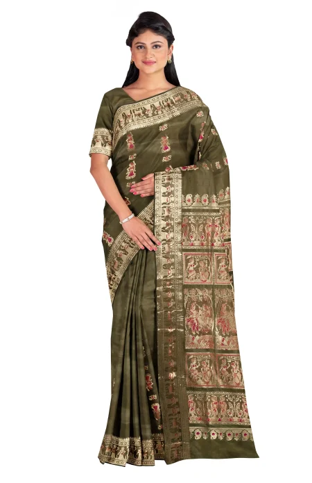 Baluchari Silk Saree - Mocha Green