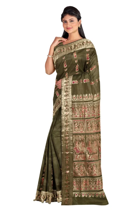 Baluchari Silk Saree - Mocha Green - Image 4