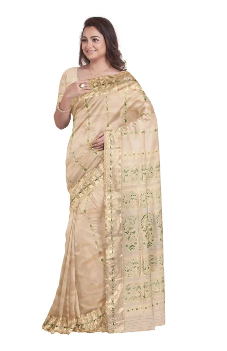 Baluchari Silk Saree - Cream - Image 3