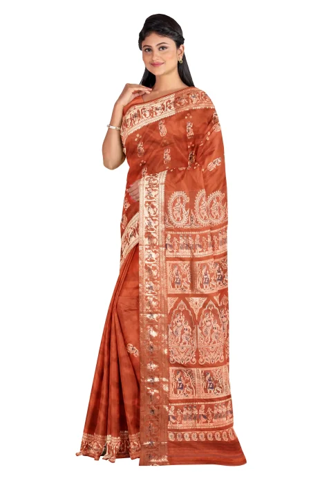 Baluchari Silk Saree - Rust - Image 3