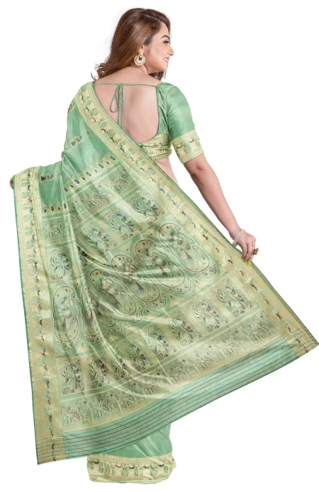 Baluchari Silk Saree - Teal - Image 3