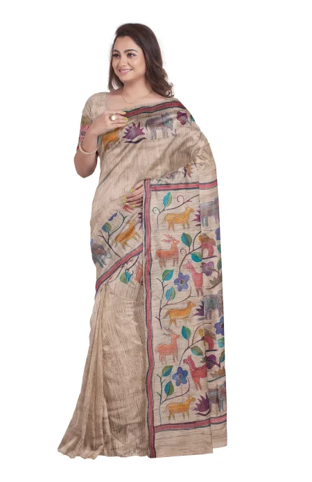 Handcrafted Kantha Tussar Silk Saree - Image 3