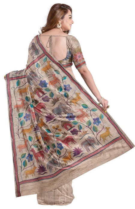 Handcrafted Kantha Tussar Silk Saree - Image 2