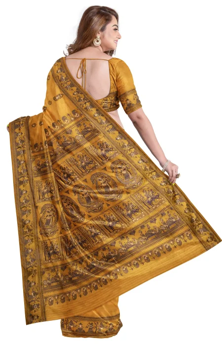 Baluchari Silk Saree - Yellow - Image 2