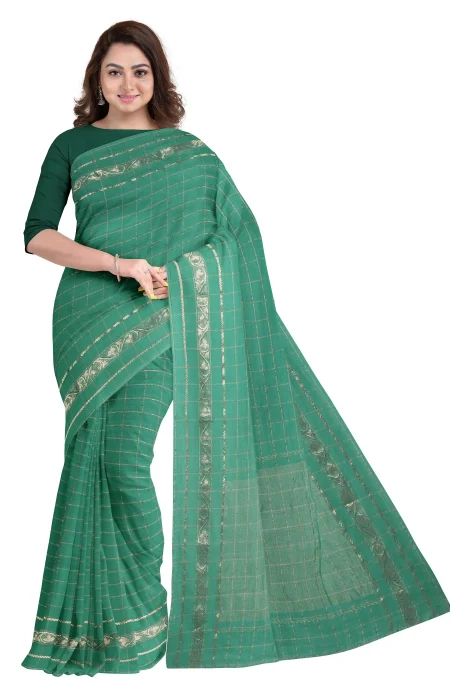 Sea Green Tangail Cotton Saree - Image 2
