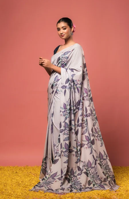 Handwoven Muslin Cotton Saree - Prints in Lilac