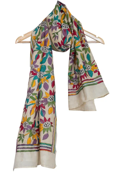 Kantha Stitch Handwoven Silk Stole with Floral Motif