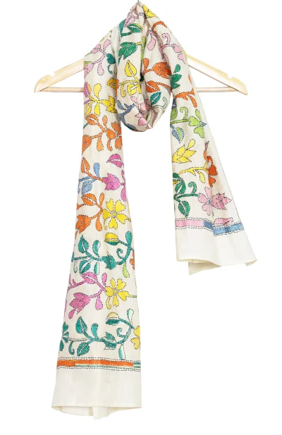 Kantha Stitch Handwoven Silk Stole with Floral motif