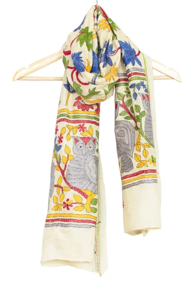 Kantha Stitch Handwoven Silk Stole with Floral Motif