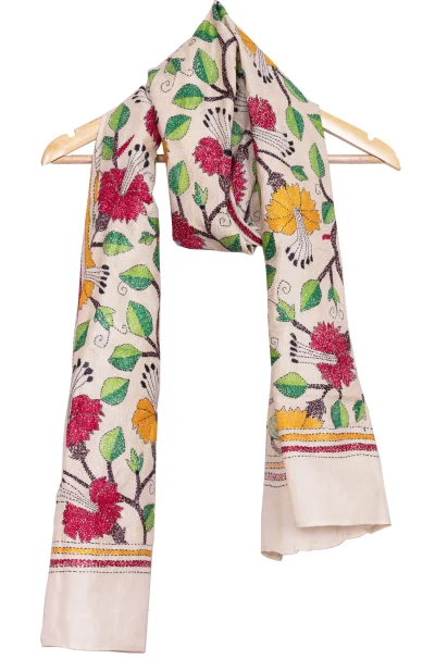 Kantha Stitch Handwoven Silk Stole with Floral Motif