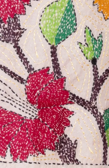 Kantha Stitch Handwoven Silk Stole with Floral Motif - Image 2