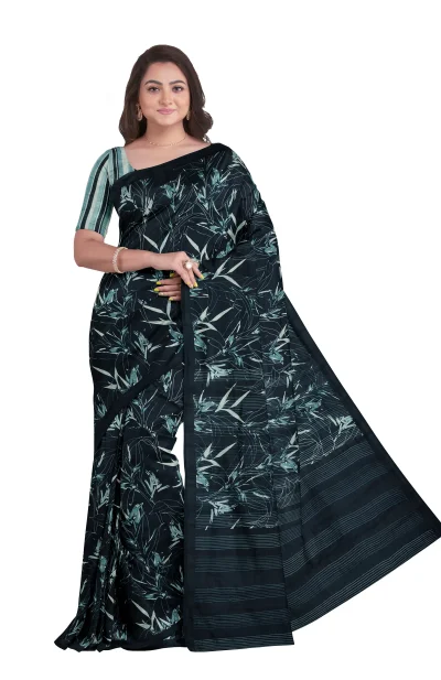 Calcutta Retro - Handwoven Printed Silk Saree - Navy