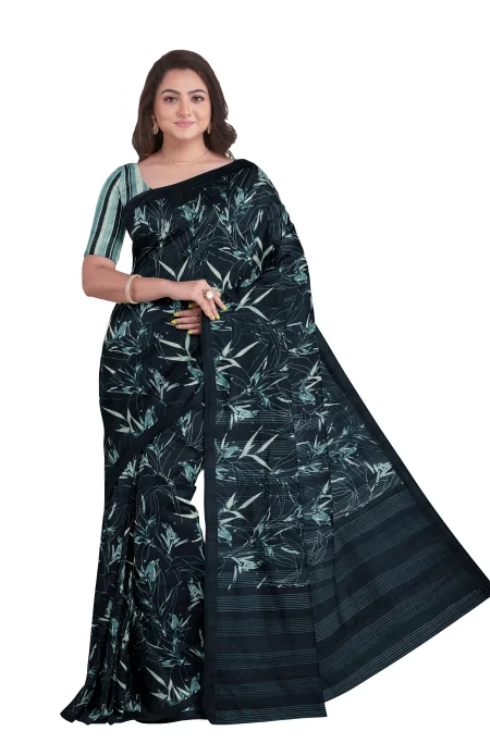 Calcutta Retro - Handwoven Printed Silk Saree - Navy