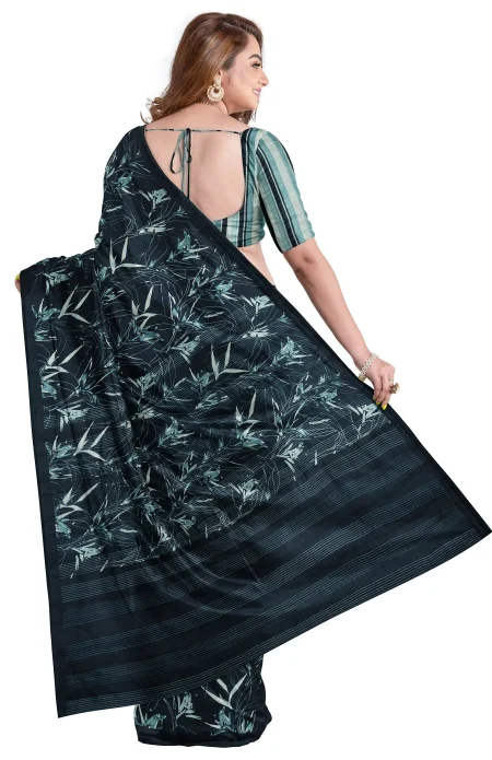 Calcutta Retro - Handwoven Printed Silk Saree - Navy - Image 2