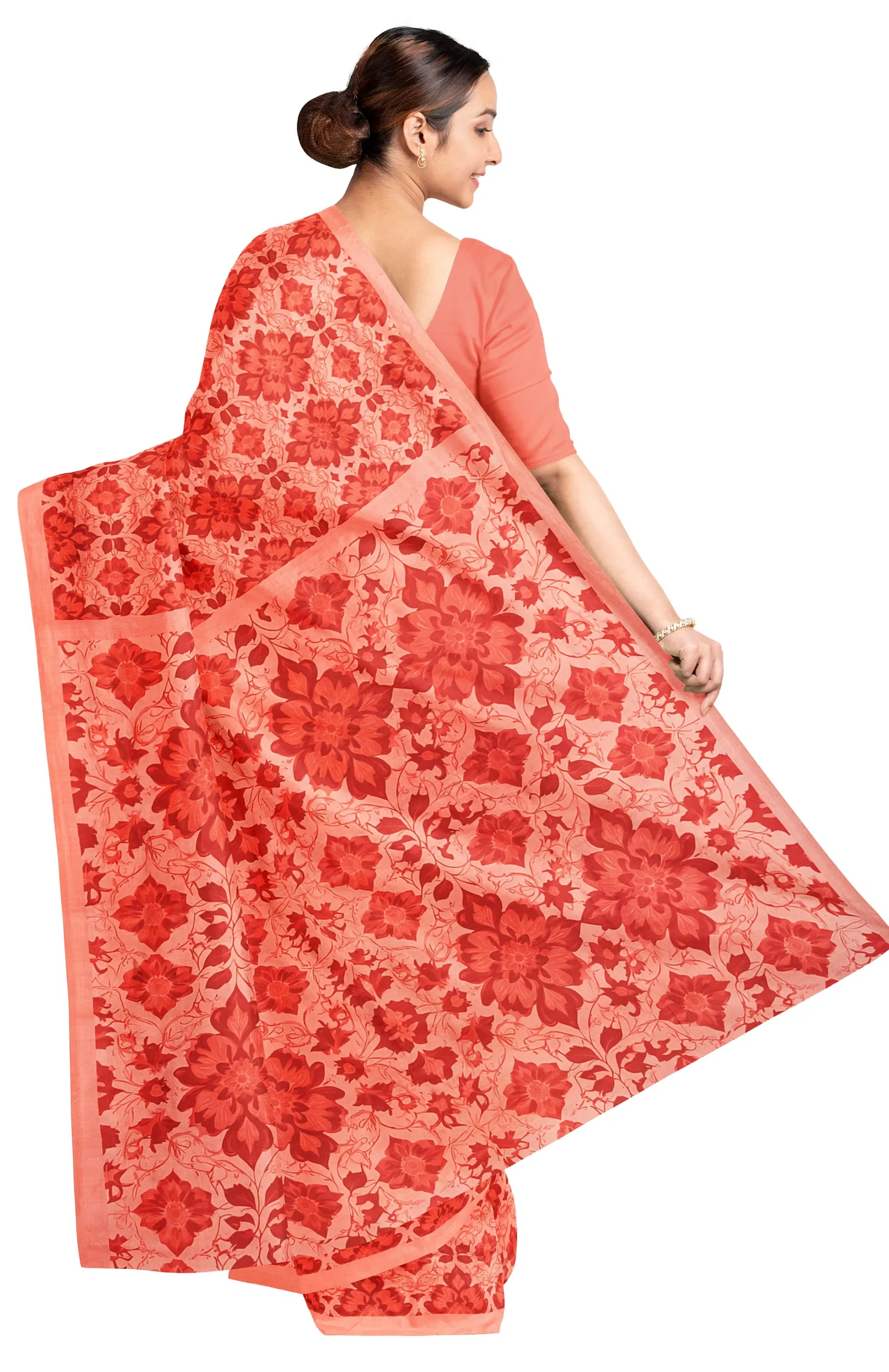 Handwoven Printed Silk Saree - Peach - Image 2