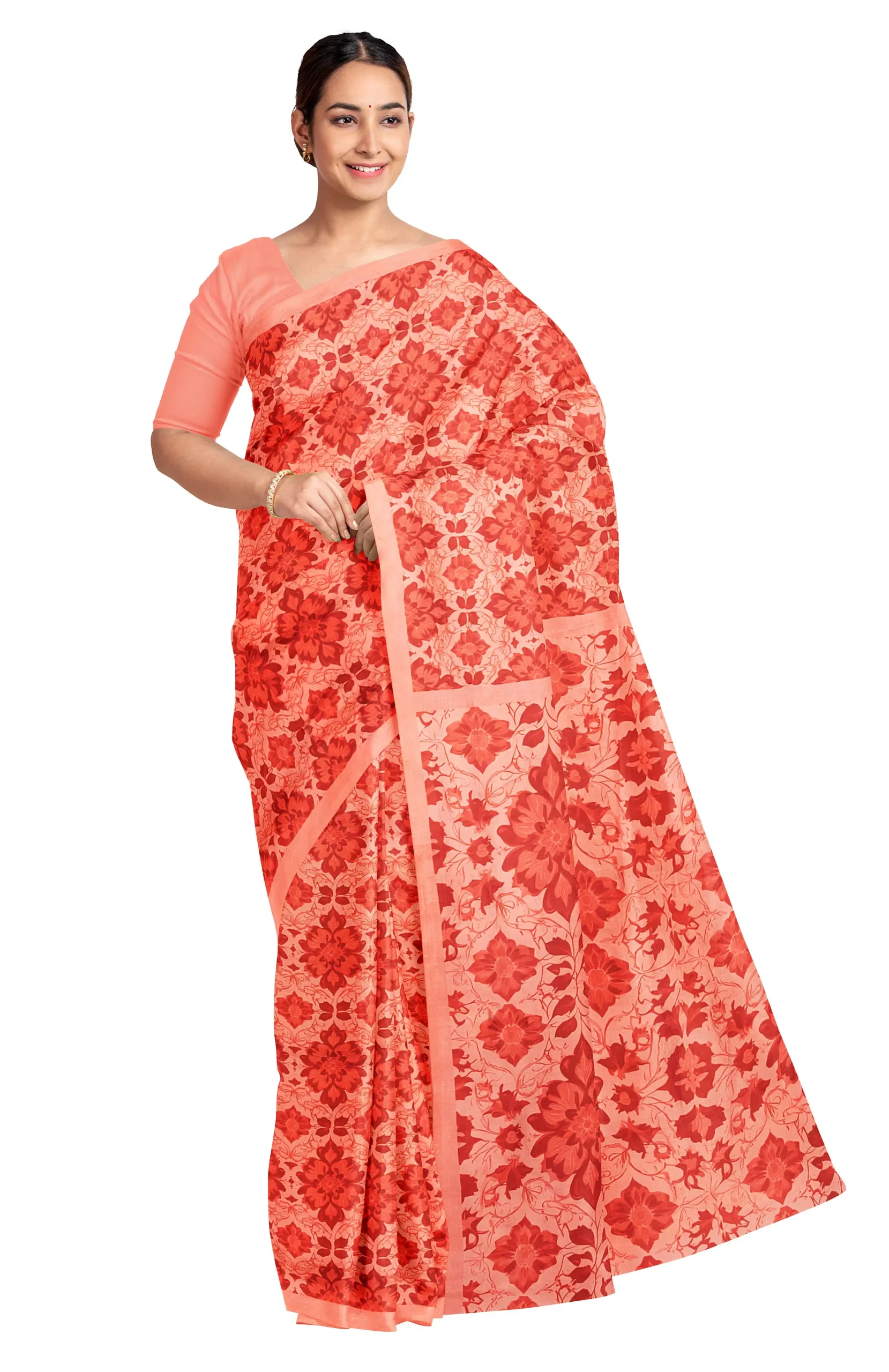 Handwoven Printed Silk Saree - Peach - Image 3