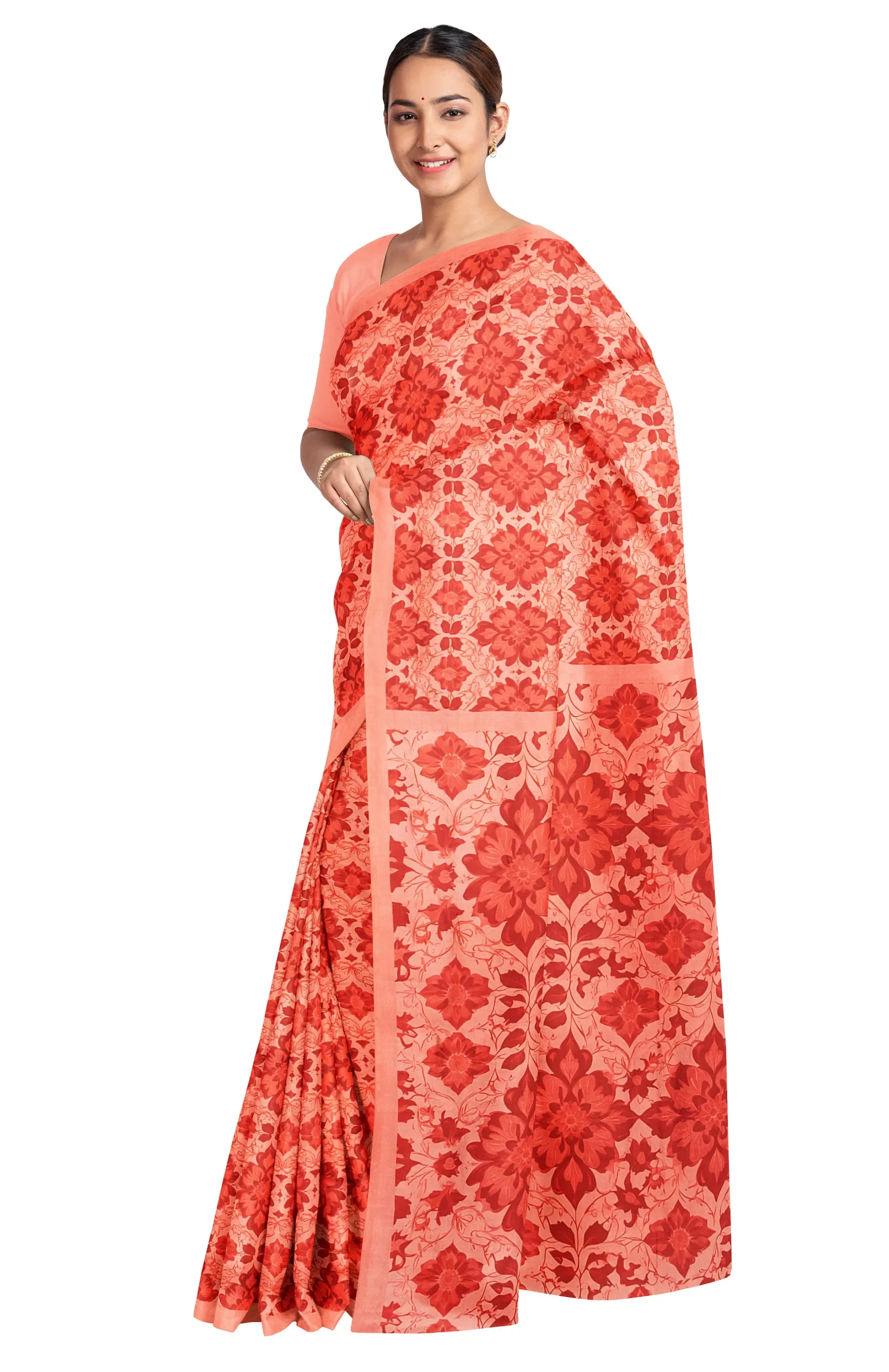 Handwoven Printed Silk Saree - Peach