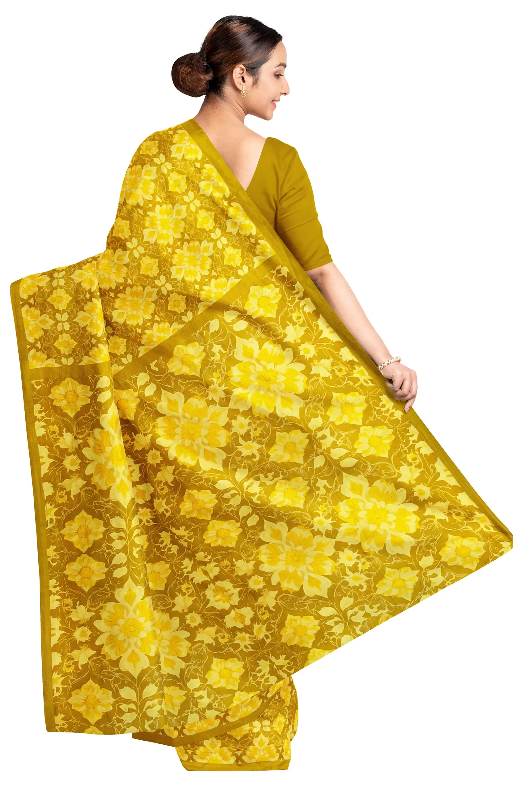 Handwoven Printed Silk Saree - Mustard - Image 2