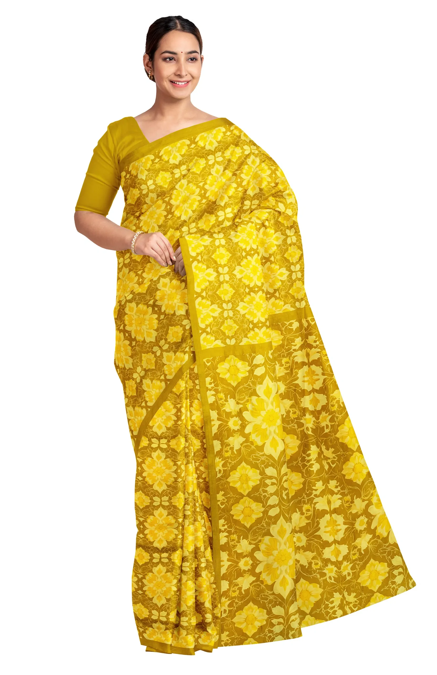 Handwoven Printed Silk Saree - Mustard - Image 4