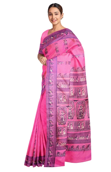 Baluchari Silk Saree with Mina Work - Pink - Image 3