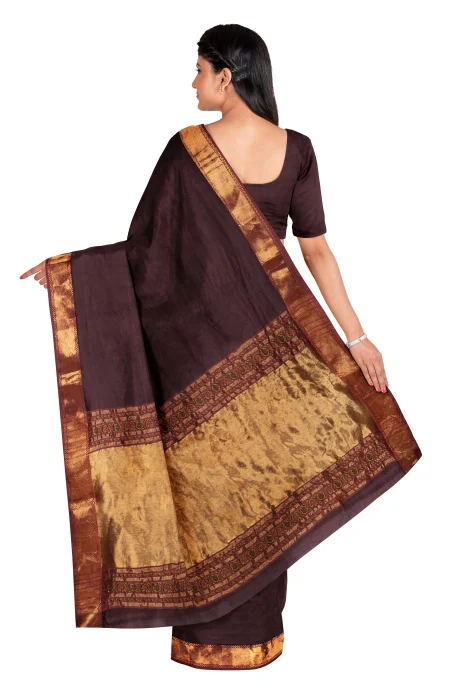 Handwoven Tangail Silk Saree with Zari - Dark Wine - Image 2