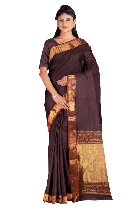 Handwoven Tangail Silk Saree with Zari - Dark Wine - Image 3