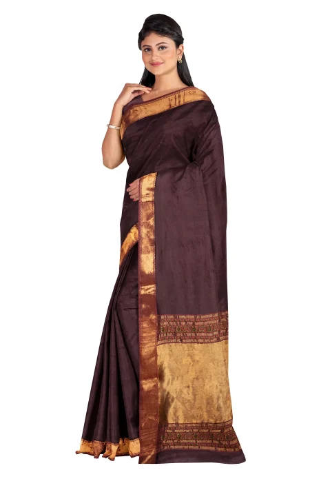 Handwoven Tangail Silk Saree with Zari - Dark Wine