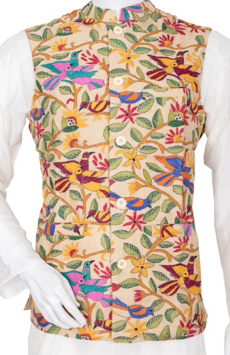 Tussar Kantha Stitch Handloom Jacket - Tussar