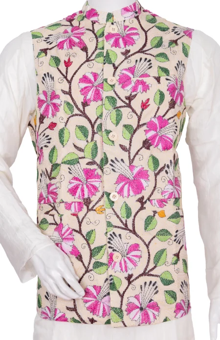 Tussar Kantha Stitch Handloom Jacket - Tussar