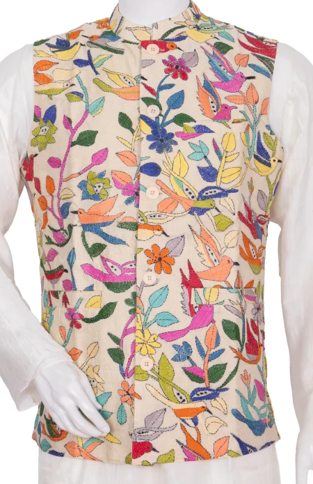 Tussar Kantha Stitch Handloom Jacket - Tussar