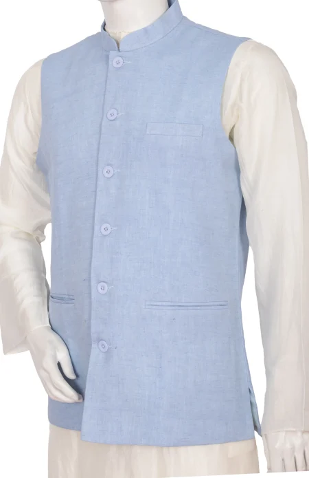 Linen Handloom Jacket – Sky Blue - Image 3