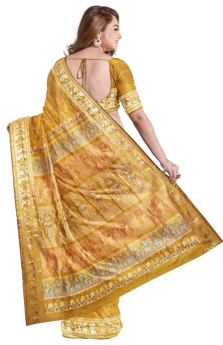 Baluchari Silk Saree with Zari Mina Work - Mustard - Image 3