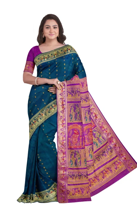 Baluchari Silk Saree with Mina Work - Peacock Green - Image 2
