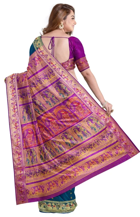 Baluchari Silk Saree with Mina Work - Peacock Green - Image 3