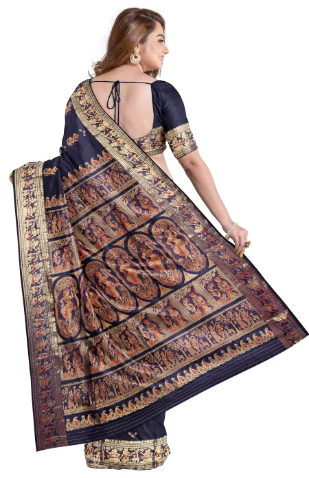 Baluchari Silk Saree with Zari Mina Work - Indigo - Image 3