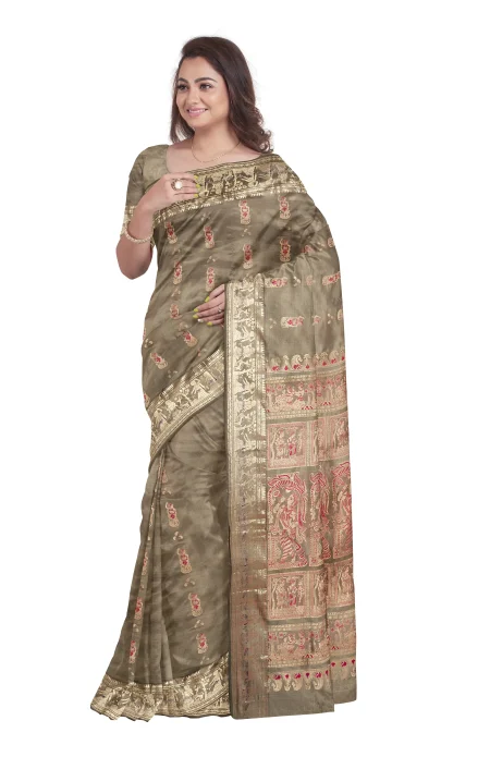 Baluchari Silk Saree with Zari Mina Work - Olive Moss - Image 2