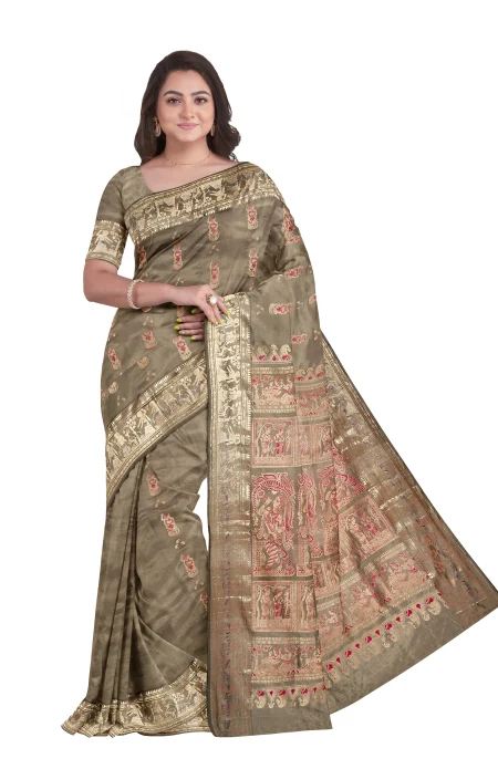 Baluchari Silk Saree with Zari Mina Work - Olive Moss