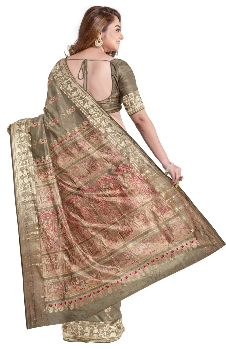 Baluchari Silk Saree with Zari Mina Work - Olive Moss - Image 3